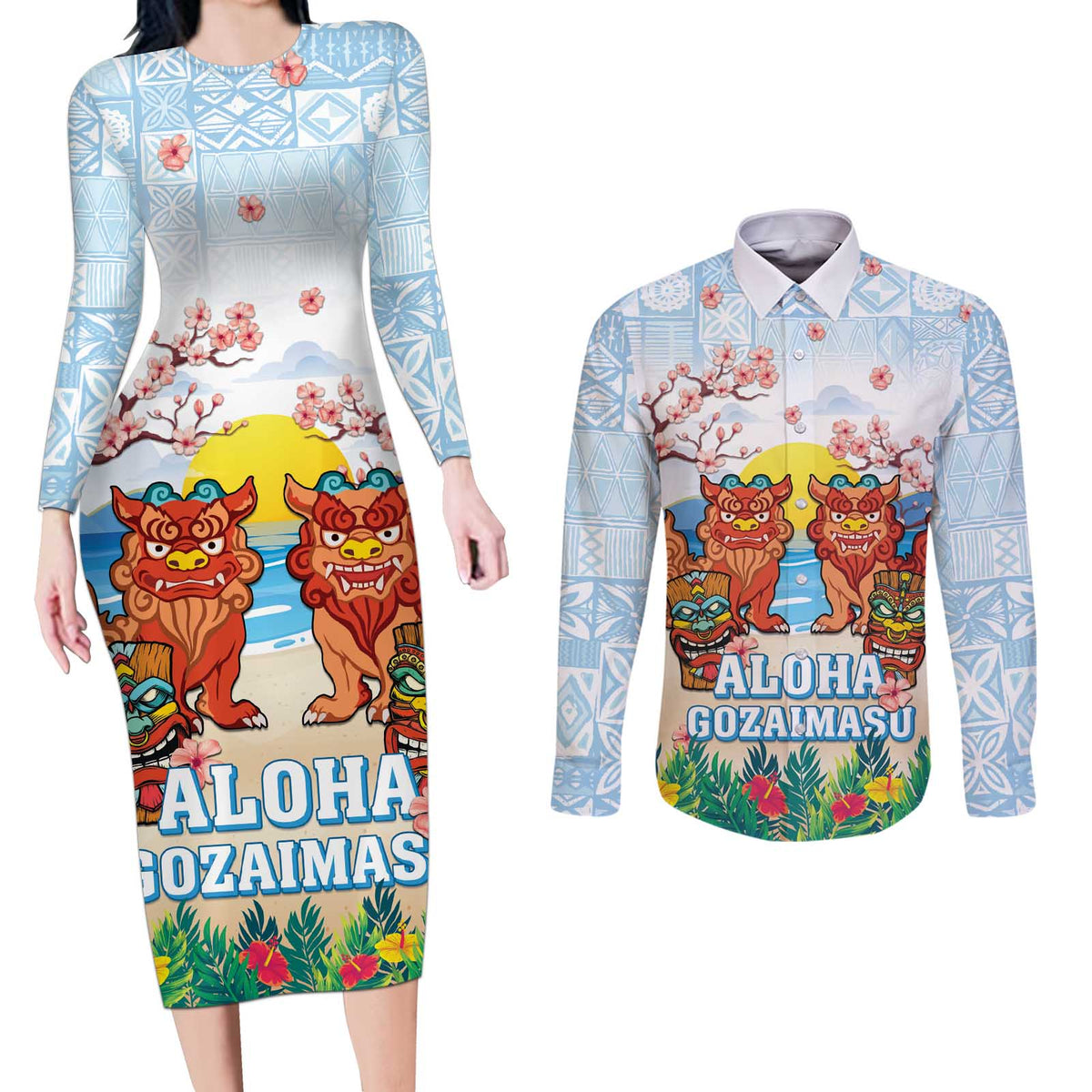 Hawaii And Japan Okinawa Couples Matching Long Sleeve Bodycon Dress and Long Sleeve Button Shirt Aloha Gozaimasu Tiki With Shisa LT05 Blue - Polynesian Pride