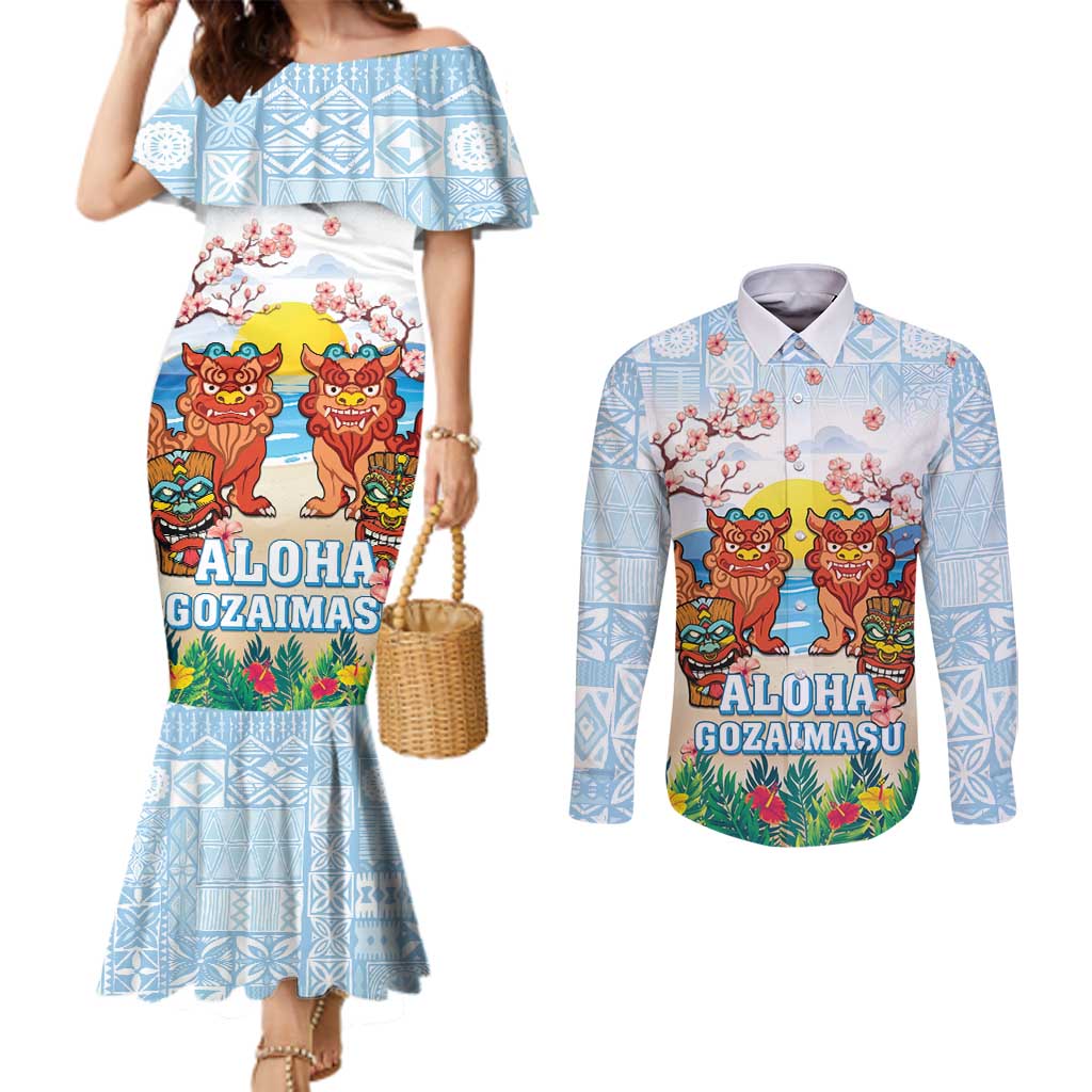Hawaii And Japan Okinawa Couples Matching Mermaid Dress and Long Sleeve Button Shirt Aloha Gozaimasu Tiki With Shisa LT05 Blue - Polynesian Pride
