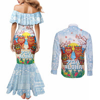 Hawaii And Japan Okinawa Couples Matching Mermaid Dress and Long Sleeve Button Shirt Aloha Gozaimasu Tiki With Shisa LT05 - Polynesian Pride