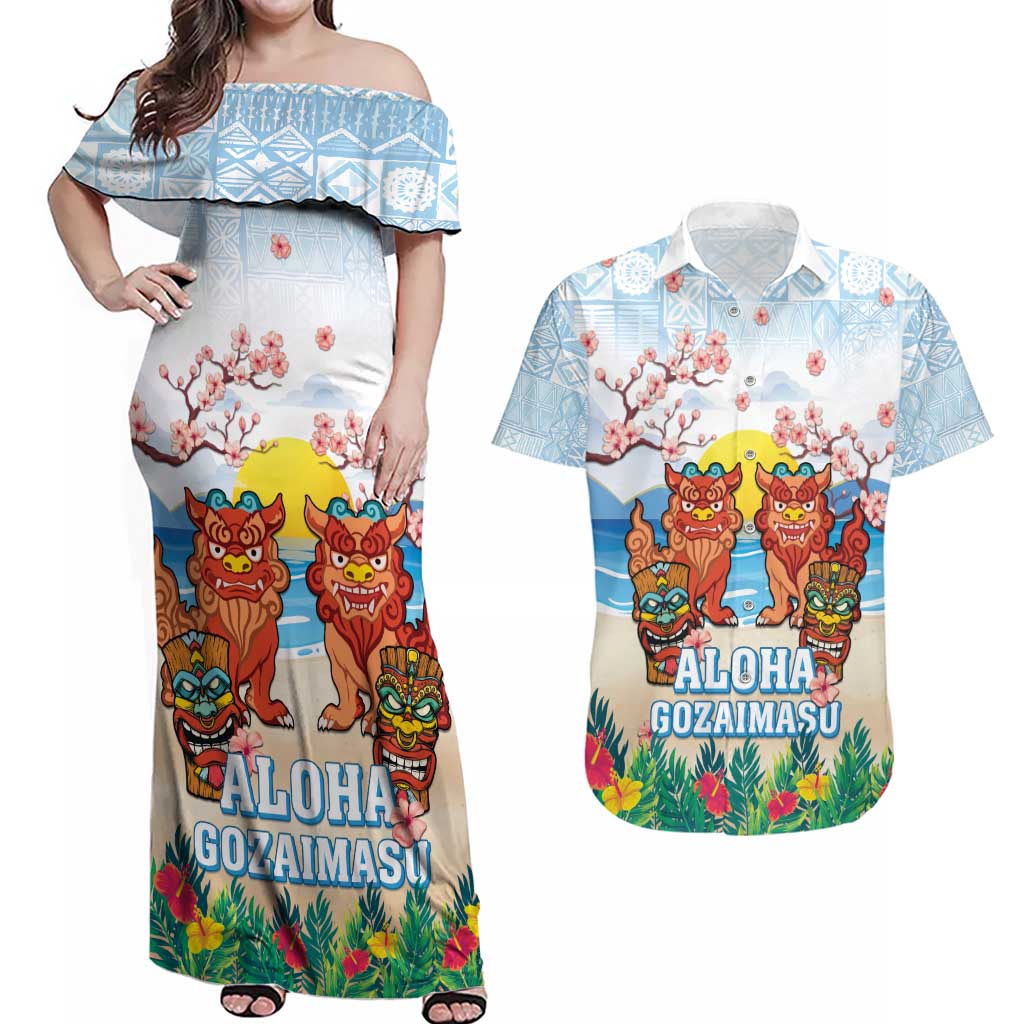 Hawaii And Japan Okinawa Couples Matching Off Shoulder Maxi Dress and Hawaiian Shirt Aloha Gozaimasu Tiki With Shisa LT05 Blue - Polynesian Pride