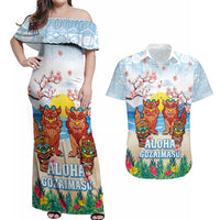 Hawaii And Japan Okinawa Couples Matching Off Shoulder Maxi Dress and Hawaiian Shirt Aloha Gozaimasu Tiki With Shisa LT05 Blue - Polynesian Pride