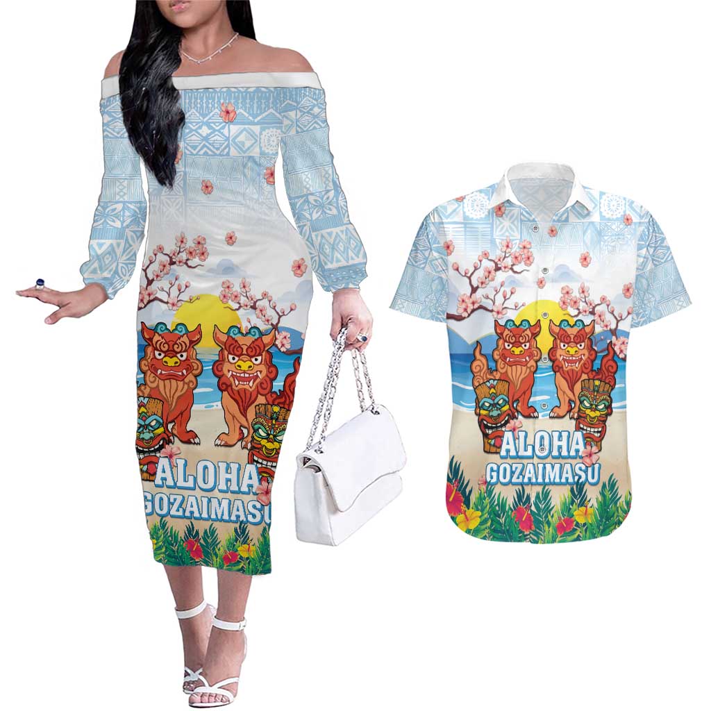 Hawaii And Japan Okinawa Couples Matching Off The Shoulder Long Sleeve Dress and Hawaiian Shirt Aloha Gozaimasu Tiki With Shisa