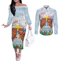 Hawaii And Japan Okinawa Couples Matching Off The Shoulder Long Sleeve Dress and Long Sleeve Button Shirt Aloha Gozaimasu Tiki With Shisa LT05 Blue - Polynesian Pride