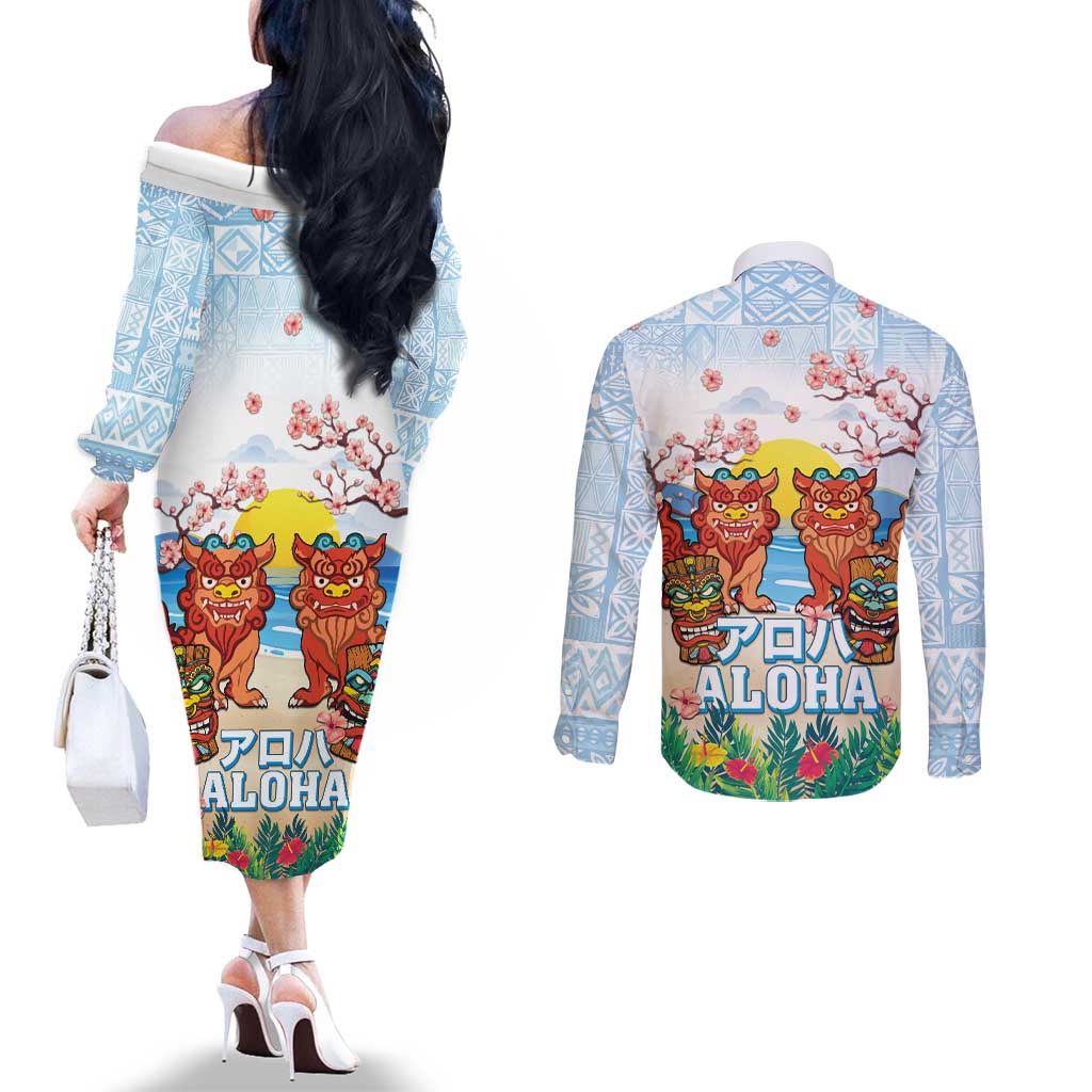 Hawaii And Japan Okinawa Couples Matching Off The Shoulder Long Sleeve Dress and Long Sleeve Button Shirt Aloha Gozaimasu Tiki With Shisa LT05 - Polynesian Pride