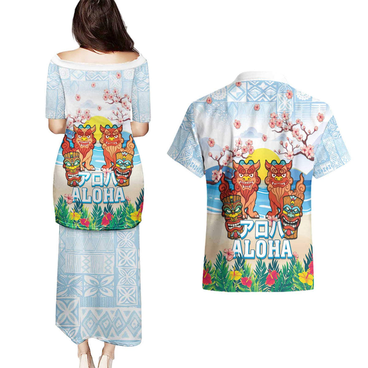 Hawaii And Japan Okinawa Couples Matching Puletasi and Hawaiian Shirt Aloha Gozaimasu Tiki With Shisa