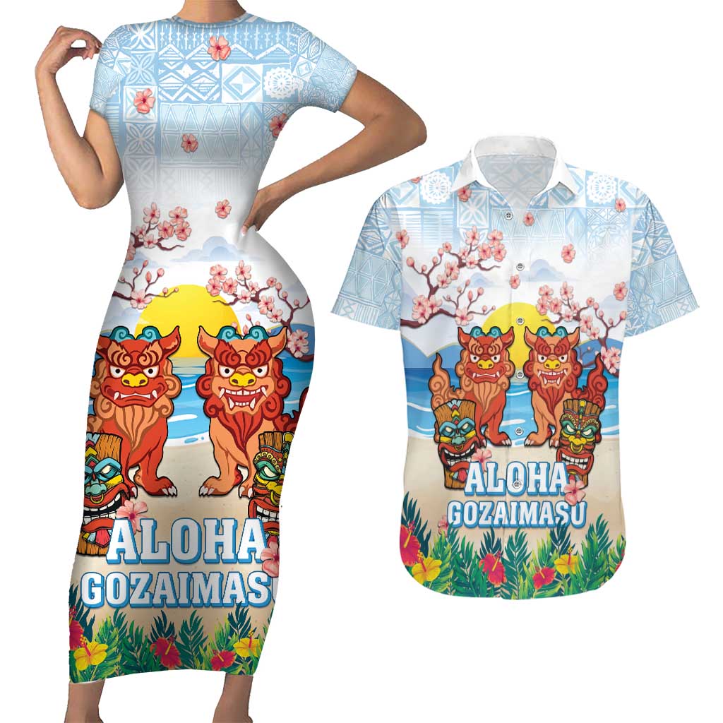 Hawaii And Japan Okinawa Couples Matching Short Sleeve Bodycon Dress and Hawaiian Shirt Aloha Gozaimasu Tiki With Shisa LT05 Blue - Polynesian Pride