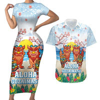 Hawaii And Japan Okinawa Couples Matching Short Sleeve Bodycon Dress and Hawaiian Shirt Aloha Gozaimasu Tiki With Shisa LT05 Blue - Polynesian Pride