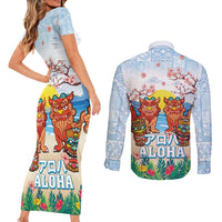 Hawaii And Japan Okinawa Couples Matching Short Sleeve Bodycon Dress and Long Sleeve Button Shirt Aloha Gozaimasu Tiki With Shisa LT05 - Polynesian Pride