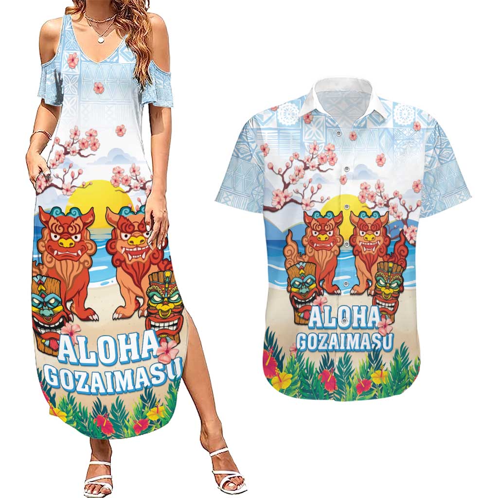 Hawaii And Japan Okinawa Couples Matching Summer Maxi Dress and Hawaiian Shirt Aloha Gozaimasu Tiki With Shisa LT05 Blue - Polynesian Pride