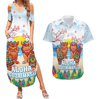 Hawaii And Japan Okinawa Couples Matching Summer Maxi Dress and Hawaiian Shirt Aloha Gozaimasu Tiki With Shisa LT05 Blue - Polynesian Pride