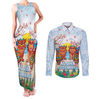 Hawaii And Japan Okinawa Couples Matching Tank Maxi Dress and Long Sleeve Button Shirt Aloha Gozaimasu Tiki With Shisa LT05 Blue - Polynesian Pride