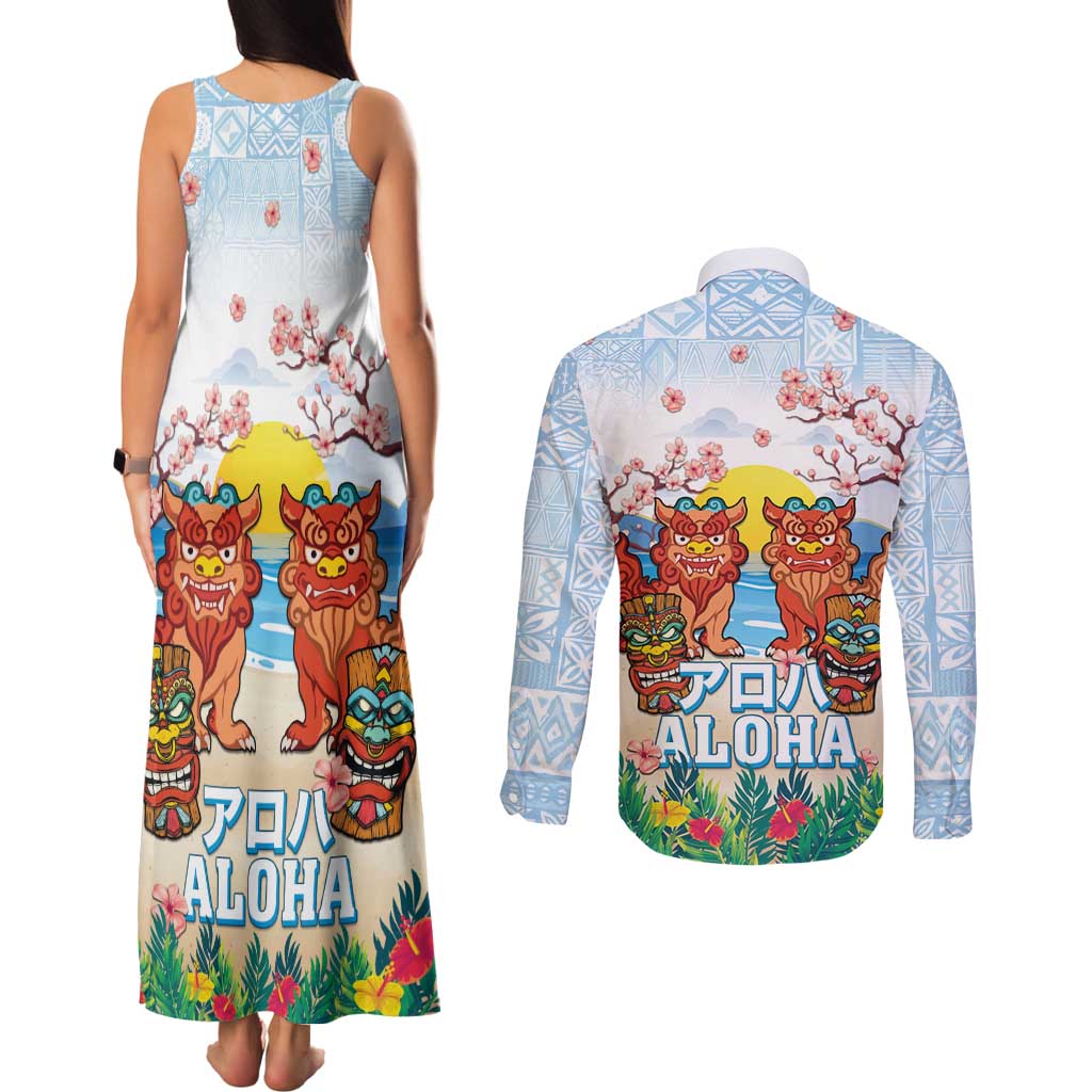 Hawaii And Japan Okinawa Couples Matching Tank Maxi Dress and Long Sleeve Button Shirt Aloha Gozaimasu Tiki With Shisa LT05 - Polynesian Pride