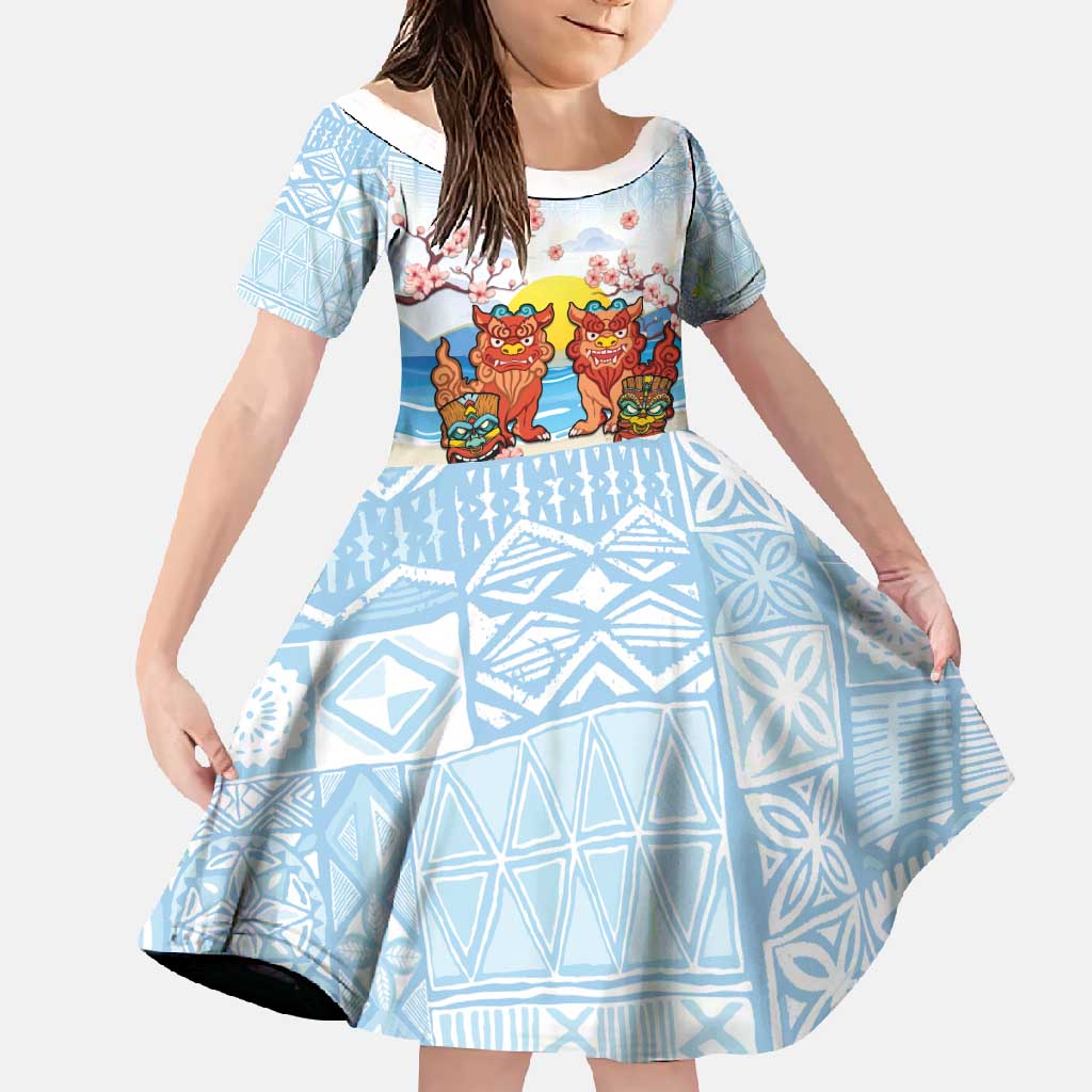 Hawaii And Japan Okinawa Family Matching Long Sleeve Bodycon Dress and Hawaiian Shirt Aloha Gozaimasu Tiki With Shisa LT05 Daughter's Dress Blue - Polynesian Pride