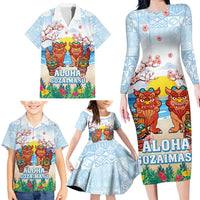 Hawaii And Japan Okinawa Family Matching Long Sleeve Bodycon Dress and Hawaiian Shirt Aloha Gozaimasu Tiki With Shisa LT05 - Polynesian Pride