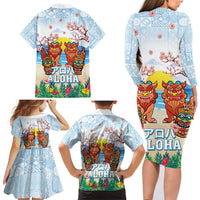 Hawaii And Japan Okinawa Family Matching Long Sleeve Bodycon Dress and Hawaiian Shirt Aloha Gozaimasu Tiki With Shisa LT05 - Polynesian Pride
