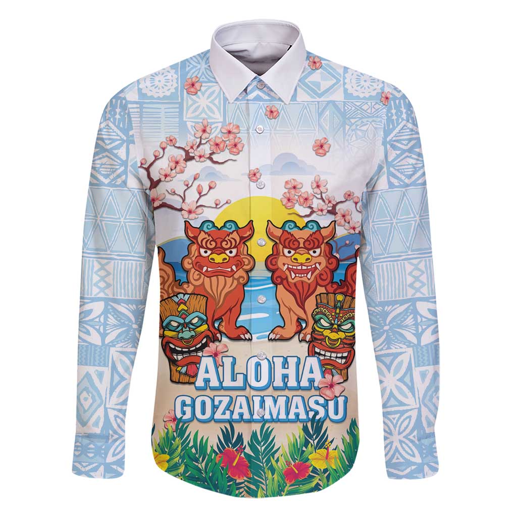 Hawaii And Japan Okinawa Family Matching Long Sleeve Bodycon Dress and Hawaiian Shirt Aloha Gozaimasu Tiki With Shisa LT05 Dad's Shirt - Long Sleeve Blue - Polynesian Pride