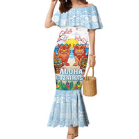 Hawaii And Japan Okinawa Family Matching Mermaid Dress and Hawaiian Shirt Aloha Gozaimasu Tiki With Shisa LT05 Mom's Dress Blue - Polynesian Pride