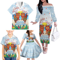 Hawaii And Japan Okinawa Family Matching Off The Shoulder Long Sleeve Dress and Hawaiian Shirt Aloha Gozaimasu Tiki With Shisa LT05 - Polynesian Pride