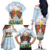 Hawaii And Japan Okinawa Family Matching Off The Shoulder Long Sleeve Dress and Hawaiian Shirt Aloha Gozaimasu Tiki With Shisa LT05 - Polynesian Pride