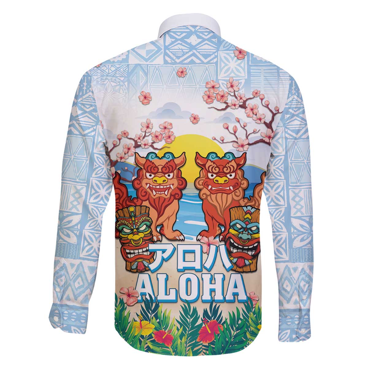 Hawaii And Japan Okinawa Family Matching Off The Shoulder Long Sleeve Dress and Hawaiian Shirt Aloha Gozaimasu Tiki With Shisa LT05 - Polynesian Pride