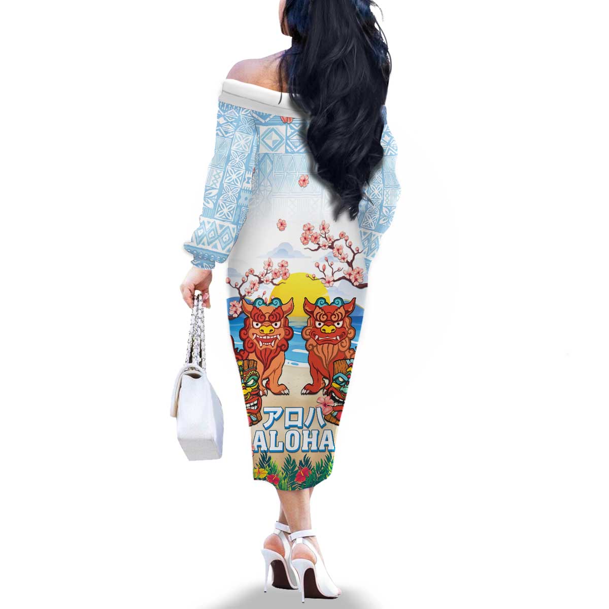 Hawaii And Japan Okinawa Family Matching Off The Shoulder Long Sleeve Dress and Hawaiian Shirt Aloha Gozaimasu Tiki With Shisa LT05 - Polynesian Pride