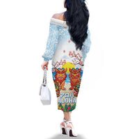 Hawaii And Japan Okinawa Family Matching Off The Shoulder Long Sleeve Dress and Hawaiian Shirt Aloha Gozaimasu Tiki With Shisa LT05 - Polynesian Pride
