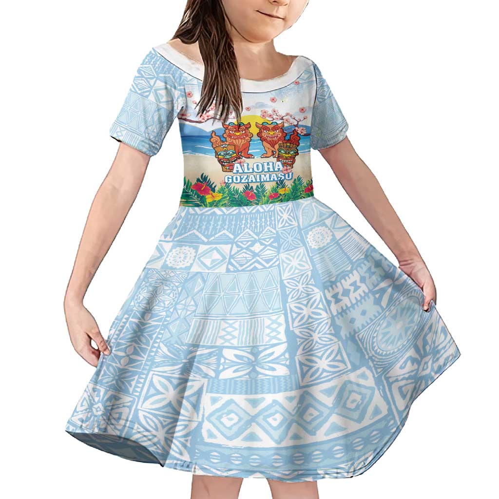 Hawaii And Japan Okinawa Family Matching Off Shoulder Maxi Dress and Hawaiian Shirt Aloha Gozaimasu Tiki With Shisa LT05 Daughter's Dress Blue - Polynesian Pride