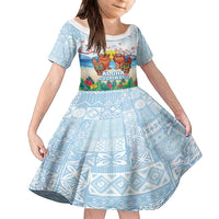 Hawaii And Japan Okinawa Family Matching Off Shoulder Maxi Dress and Hawaiian Shirt Aloha Gozaimasu Tiki With Shisa LT05 Daughter's Dress Blue - Polynesian Pride