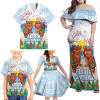 Hawaii And Japan Okinawa Family Matching Off Shoulder Maxi Dress and Hawaiian Shirt Aloha Gozaimasu Tiki With Shisa LT05 - Polynesian Pride