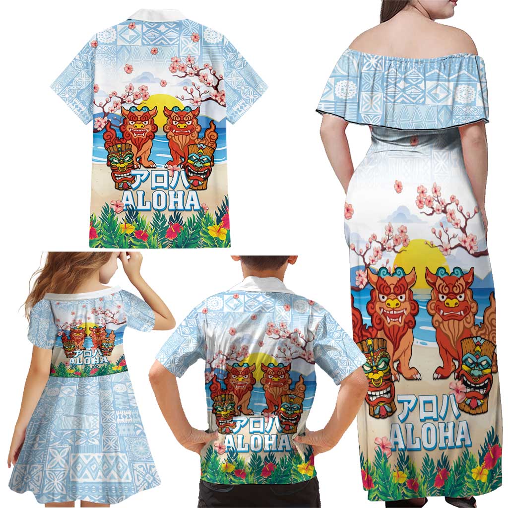 Hawaii And Japan Okinawa Family Matching Off Shoulder Maxi Dress and Hawaiian Shirt Aloha Gozaimasu Tiki With Shisa LT05 - Polynesian Pride