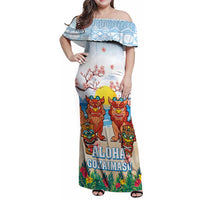 Hawaii And Japan Okinawa Family Matching Off Shoulder Maxi Dress and Hawaiian Shirt Aloha Gozaimasu Tiki With Shisa LT05 Mom's Dress Blue - Polynesian Pride