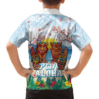 Hawaii And Japan Okinawa Family Matching Off Shoulder Short Dress and Hawaiian Shirt Aloha Gozaimasu Tiki With Shisa LT05 - Polynesian Pride