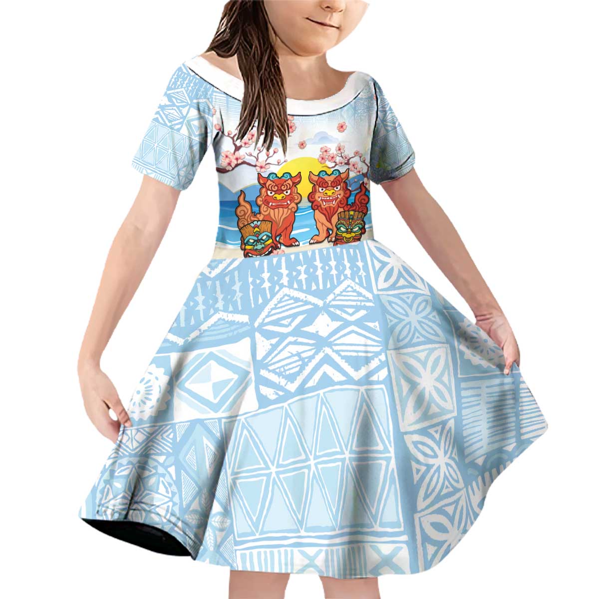 Hawaii And Japan Okinawa Family Matching Off Shoulder Short Dress and Hawaiian Shirt Aloha Gozaimasu Tiki With Shisa LT05 Daughter's Dress Blue - Polynesian Pride