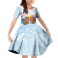 Hawaii And Japan Okinawa Family Matching Off Shoulder Short Dress and Hawaiian Shirt Aloha Gozaimasu Tiki With Shisa LT05 Daughter's Dress Blue - Polynesian Pride