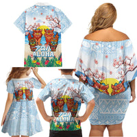 Hawaii And Japan Okinawa Family Matching Off Shoulder Short Dress and Hawaiian Shirt Aloha Gozaimasu Tiki With Shisa LT05 - Polynesian Pride