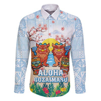 Hawaii And Japan Okinawa Family Matching Off Shoulder Short Dress and Hawaiian Shirt Aloha Gozaimasu Tiki With Shisa LT05 Dad's Shirt - Long Sleeve Blue - Polynesian Pride