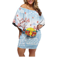 Hawaii And Japan Okinawa Family Matching Off Shoulder Short Dress and Hawaiian Shirt Aloha Gozaimasu Tiki With Shisa LT05 Mom's Dress Blue - Polynesian Pride