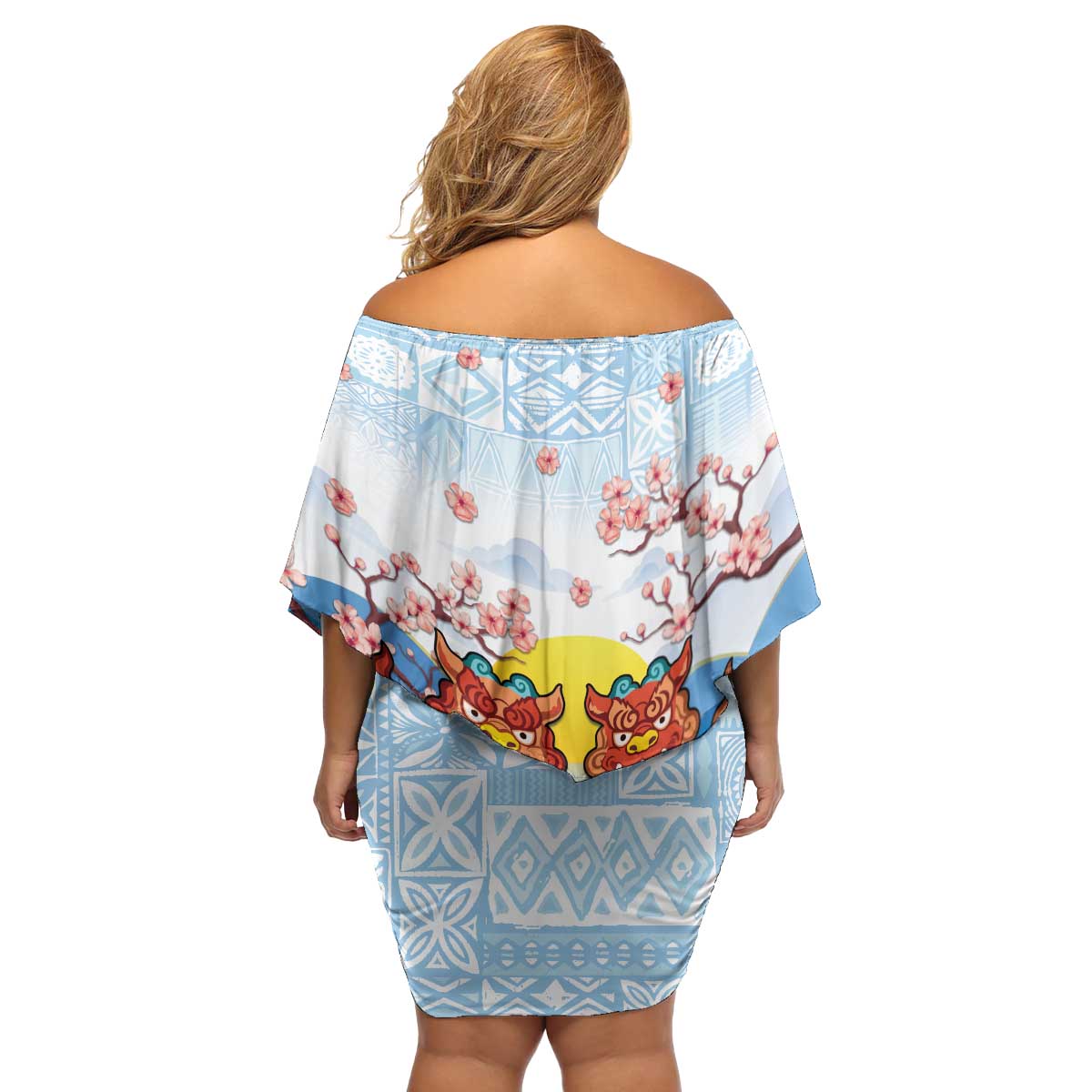 Hawaii And Japan Okinawa Family Matching Off Shoulder Short Dress and Hawaiian Shirt Aloha Gozaimasu Tiki With Shisa LT05 - Polynesian Pride