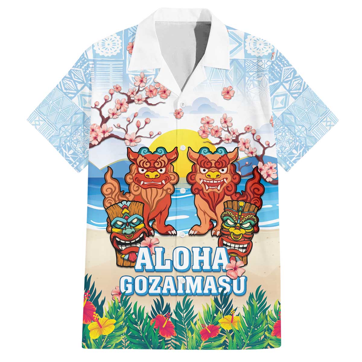 Hawaii And Japan Okinawa Family Matching Puletasi and Hawaiian Shirt Aloha Gozaimasu Tiki With Shisa LT05 Dad's Shirt - Short Sleeve Blue - Polynesian Pride