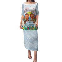 Hawaii And Japan Okinawa Family Matching Puletasi and Hawaiian Shirt Aloha Gozaimasu Tiki With Shisa LT05 Mom's Dress Blue - Polynesian Pride
