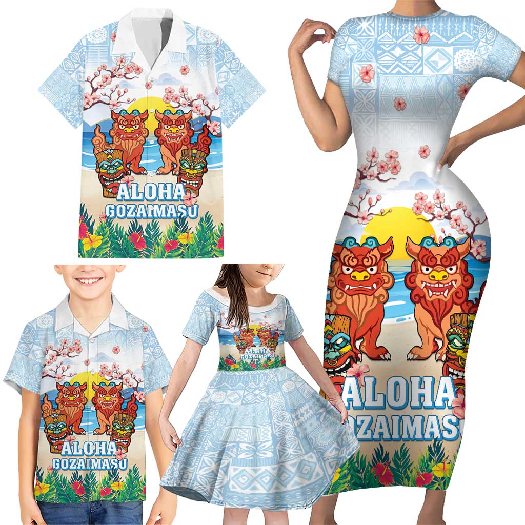 Hawaii And Japan Okinawa Family Matching Short Sleeve Bodycon Dress and Hawaiian Shirt Aloha Gozaimasu Tiki With Shisa LT05 - Polynesian Pride