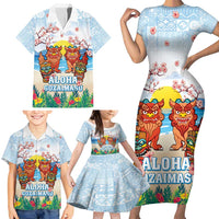 Hawaii And Japan Okinawa Family Matching Short Sleeve Bodycon Dress and Hawaiian Shirt Aloha Gozaimasu Tiki With Shisa LT05 - Polynesian Pride