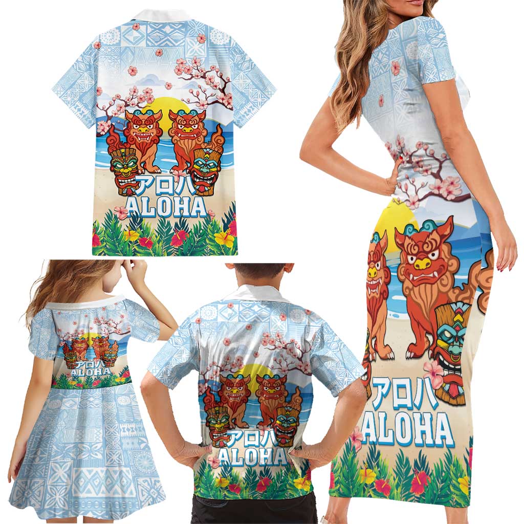 Hawaii And Japan Okinawa Family Matching Short Sleeve Bodycon Dress and Hawaiian Shirt Aloha Gozaimasu Tiki With Shisa LT05 - Polynesian Pride