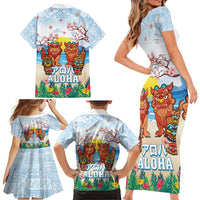 Hawaii And Japan Okinawa Family Matching Short Sleeve Bodycon Dress and Hawaiian Shirt Aloha Gozaimasu Tiki With Shisa LT05 - Polynesian Pride