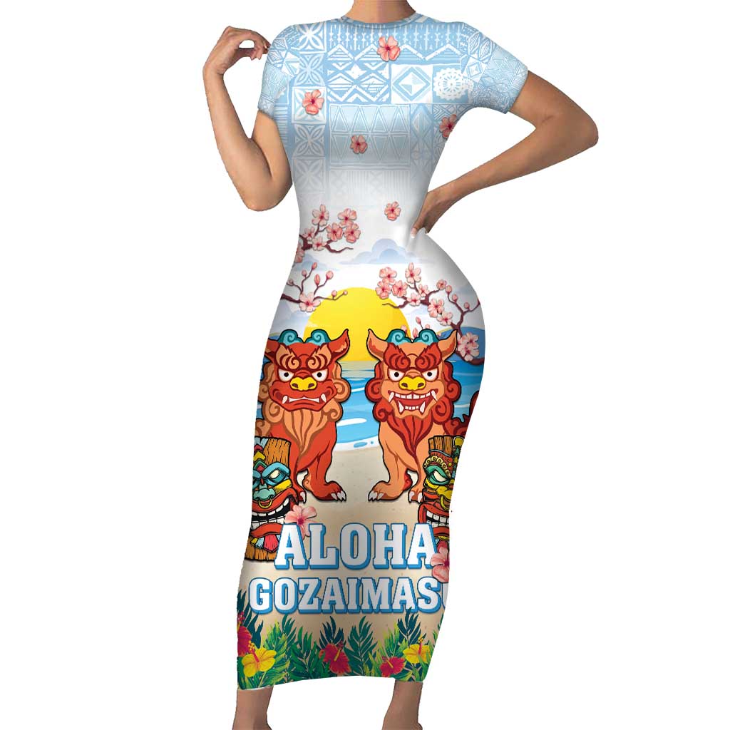 Hawaii And Japan Okinawa Family Matching Short Sleeve Bodycon Dress and Hawaiian Shirt Aloha Gozaimasu Tiki With Shisa LT05 Mom's Dress Blue - Polynesian Pride