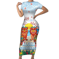 Hawaii And Japan Okinawa Family Matching Short Sleeve Bodycon Dress and Hawaiian Shirt Aloha Gozaimasu Tiki With Shisa LT05 Mom's Dress Blue - Polynesian Pride
