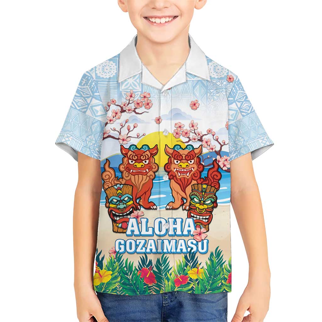 Hawaii And Japan Okinawa Family Matching Short Sleeve Bodycon Dress and Hawaiian Shirt Aloha Gozaimasu Tiki With Shisa LT05 Son's Shirt Blue - Polynesian Pride