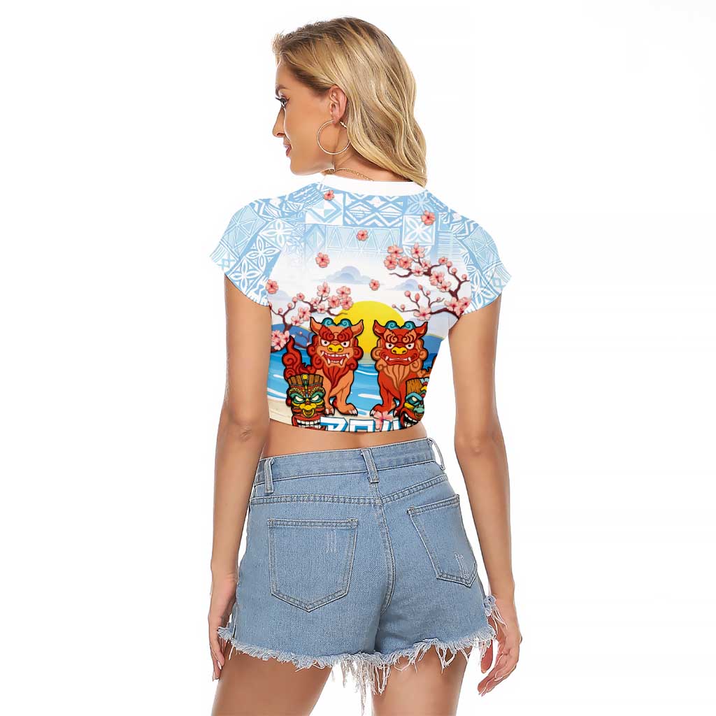 Hawaii And Japan Okinawa Raglan Cropped T Shirt Aloha Gozaimasu Tiki With Shisa