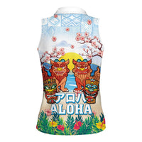 Hawaii And Japan Okinawa Women Sleeveless Polo Shirt Aloha Gozaimasu Tiki With Shisa LT05 - Polynesian Pride