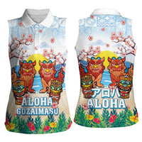 Hawaii And Japan Okinawa Women Sleeveless Polo Shirt Aloha Gozaimasu Tiki With Shisa LT05 - Polynesian Pride